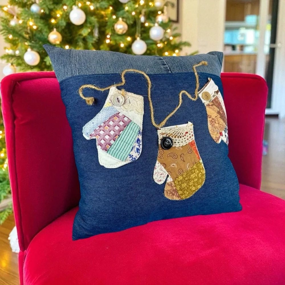 Hand Crafted Denim Pillow with Vintage Embroidered Mittens And Jute‎ Applique